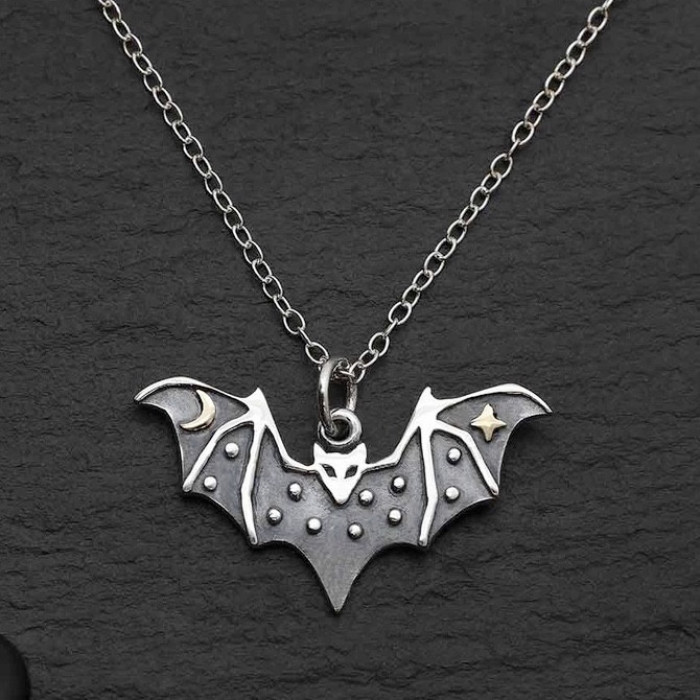 Bat Necklace with Bronze Star and Moon - 18 Inch Chain - Product Image