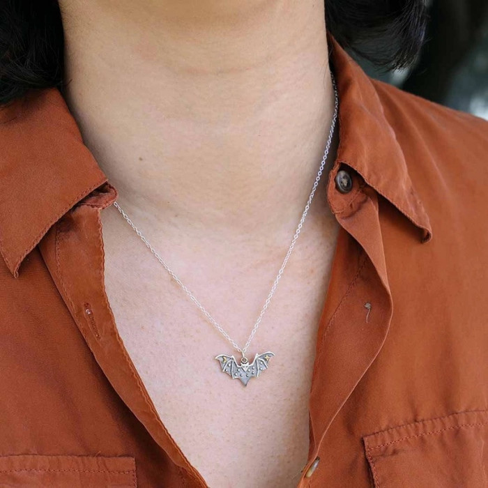  Bat Necklace with Bronze Star and Moon - 18 Inch Chain