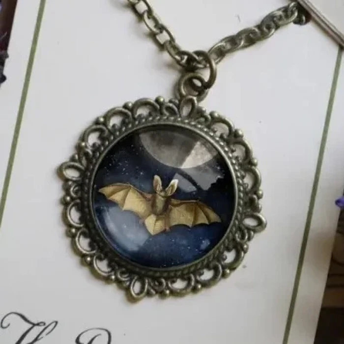BatAndFullMoonInGlassCabochonsPendant