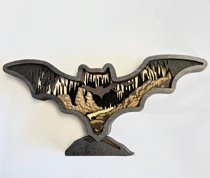 Bat Shape With Cave Scene Layered Wood Standing Desk Ornament - Product Image