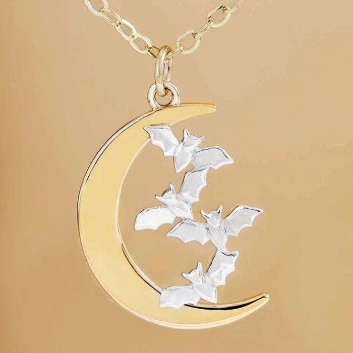 Bronze Moon Necklace with Bats On Gold Fill Chain - Product Image
