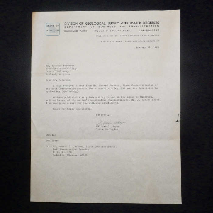 Division of Geological Survey and Water Resources, Missouri.  Letter from State Geologist to Richard Peterson, 1966 - Product Image