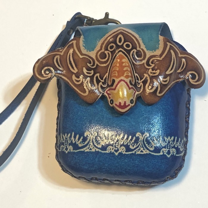 Handmade Leather Hanging Brown Bat On Blue Wristlet - Product Image