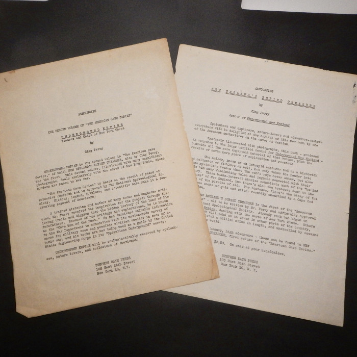 Two broadsheets announcing Underground Empire and New England's Buried Treasure by Clay Perry - Product Image