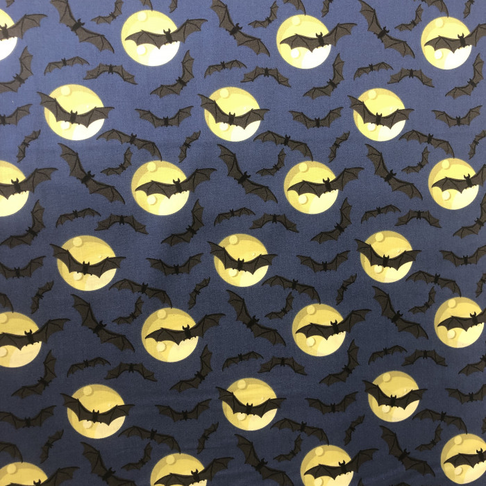 Moon and Bats Blue Quilting Fabric - Product Image