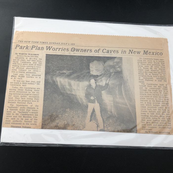 Newspaper article 1972 (Ice Caves NM)