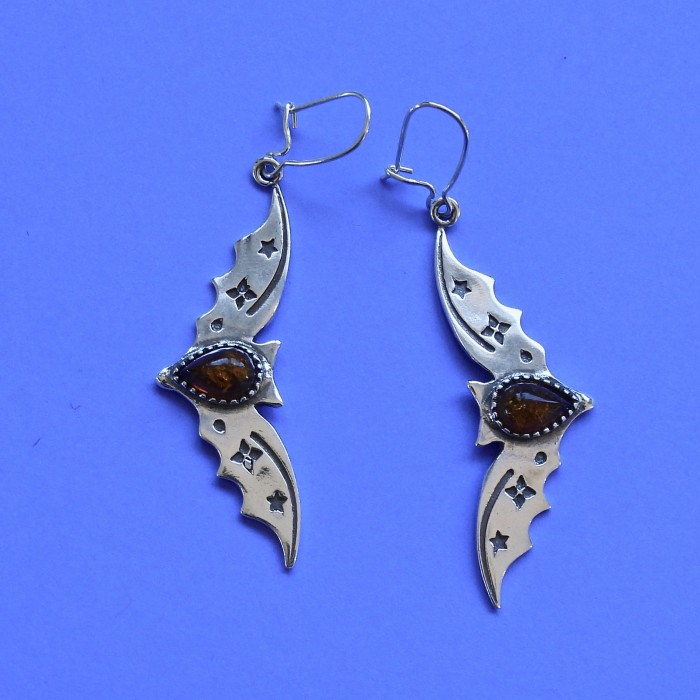 Stamped Silver Bat Earrings With Amber Setting - Product Image