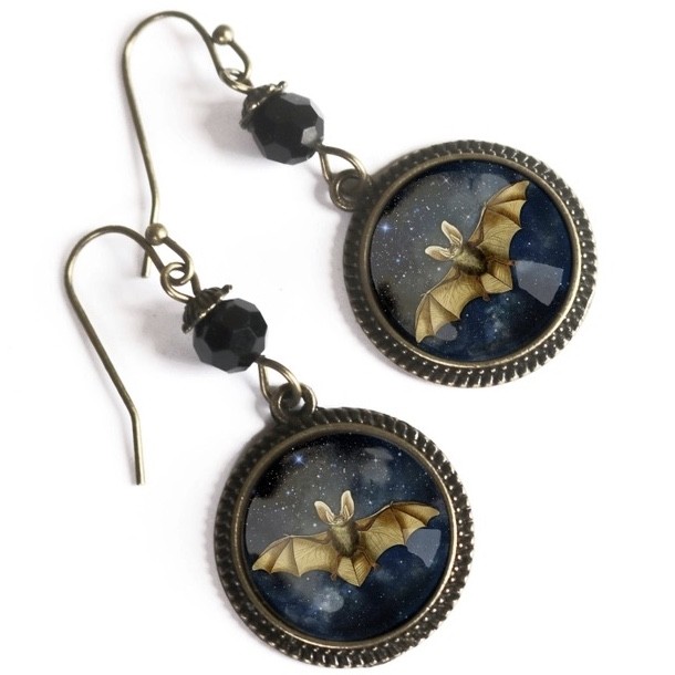 StarryNightsBatGlassCabochonEarringsWBead