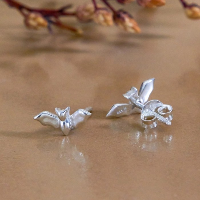 Sterling Silver Dimensional Tiny Bat Post Earrings - Product Image