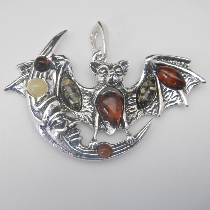 Sterling Silver and Amber Bat And Moon Pendant - Product Image