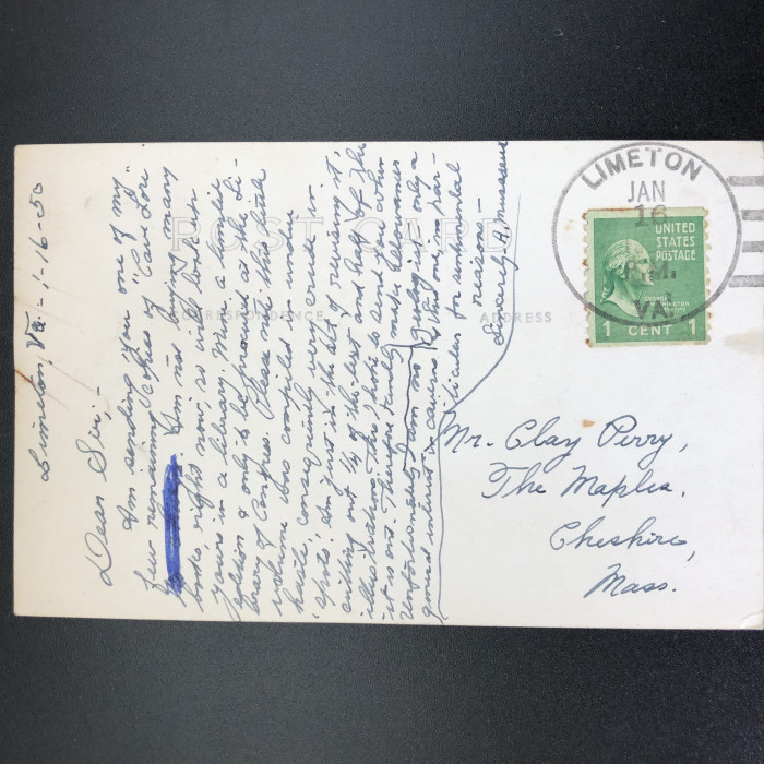 The Lure of Cave Lore, 1939 and post card from author to Clay Perry