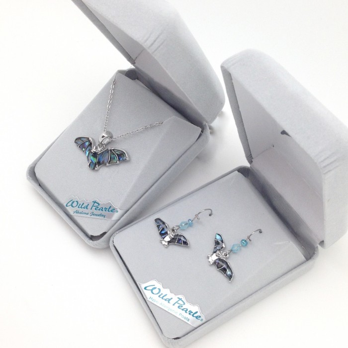 Wild Pearl (Abalone) Flying Bat Earrings and Pendant - Product Image