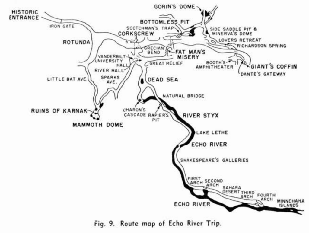 1962 Echo River tour map showing the Historic Entrance, Rotunda, River Styx and Echo River.